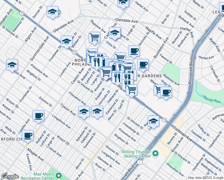 map of restaurants, bars, coffee shops, grocery stores, and more near 7259 Horrocks Street in Philadelphia