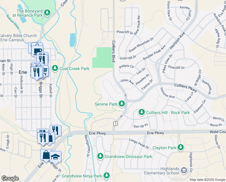 map of restaurants, bars, coffee shops, grocery stores, and more near 310 Orion Circle in Erie