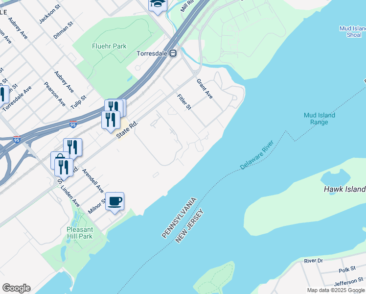 map of restaurants, bars, coffee shops, grocery stores, and more near 9503 State Road in Philadelphia