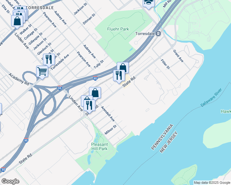 map of restaurants, bars, coffee shops, grocery stores, and more near 9400 State Road in Philadelphia