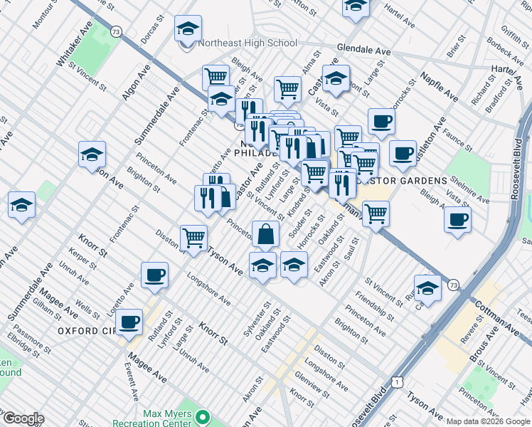 map of restaurants, bars, coffee shops, grocery stores, and more near 7200 Large Street in Philadelphia