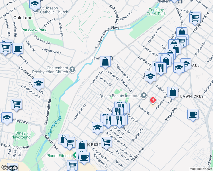 map of restaurants, bars, coffee shops, grocery stores, and more near 6100 Reach Street in Philadelphia