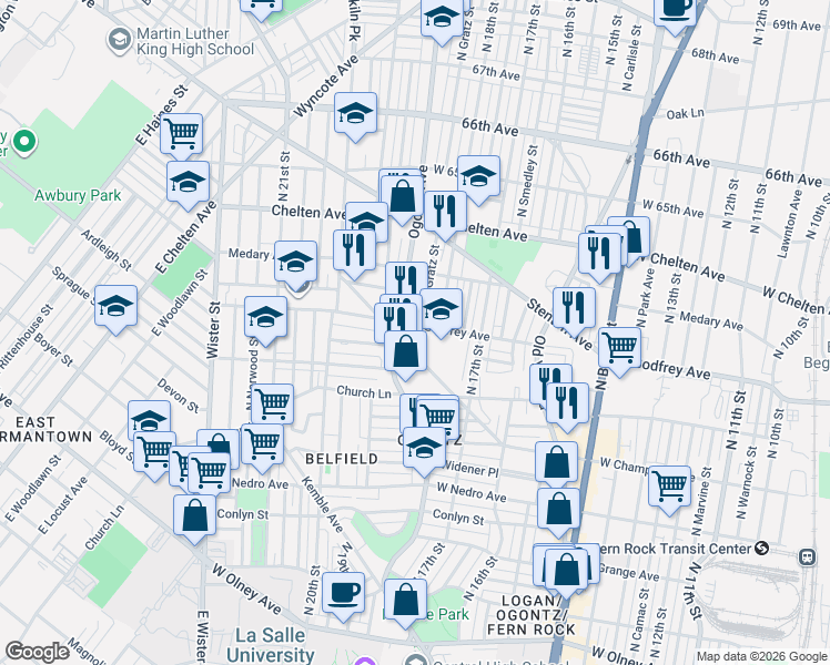 map of restaurants, bars, coffee shops, grocery stores, and more near 1835 West Godfrey Avenue in Philadelphia