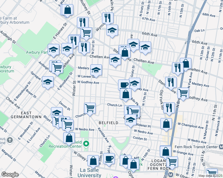 map of restaurants, bars, coffee shops, grocery stores, and more near 1958 West Godfrey Avenue in Philadelphia