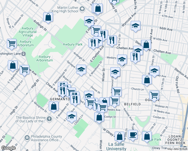 map of restaurants, bars, coffee shops, grocery stores, and more near 5530 Ardleigh Street in Philadelphia