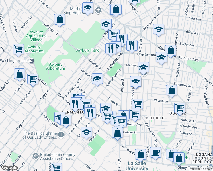 map of restaurants, bars, coffee shops, grocery stores, and more near 5653 Blakemore Street in Philadelphia