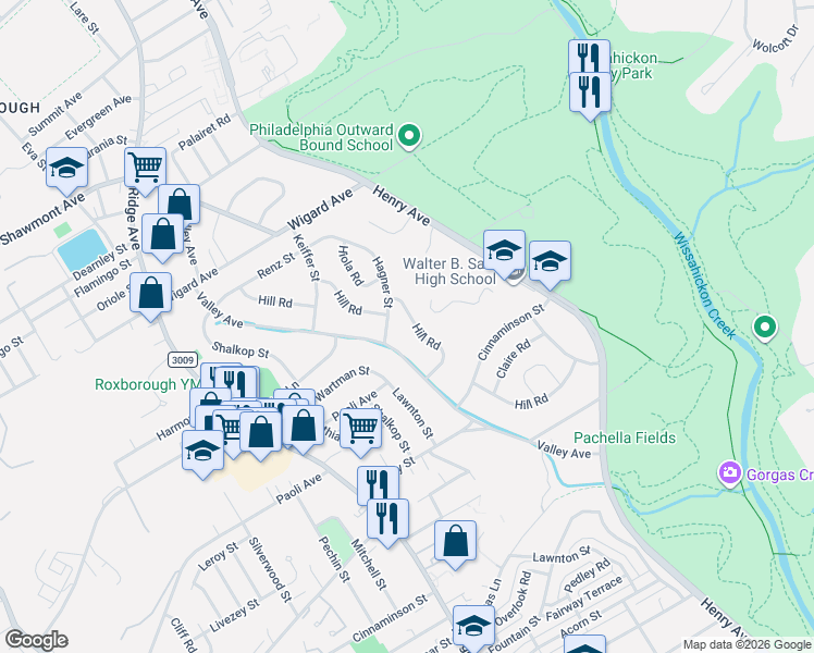 map of restaurants, bars, coffee shops, grocery stores, and more near 7245 Hill Road in Philadelphia