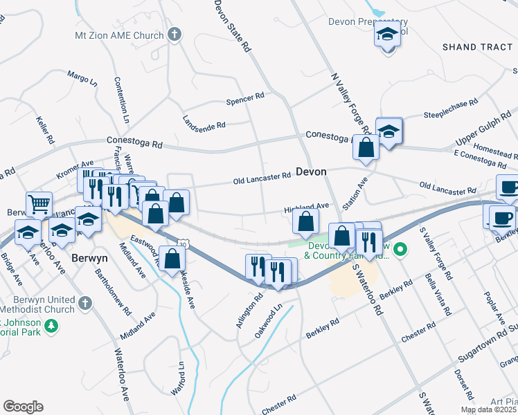 map of restaurants, bars, coffee shops, grocery stores, and more near 108 North Fairfield Road in Devon