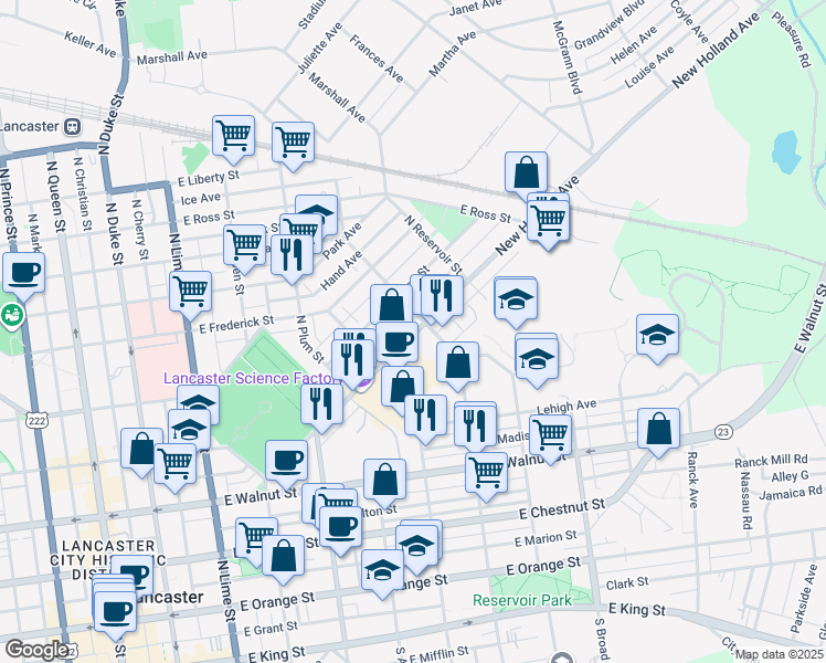 map of restaurants, bars, coffee shops, grocery stores, and more near 608 North Franklin Street in Lancaster
