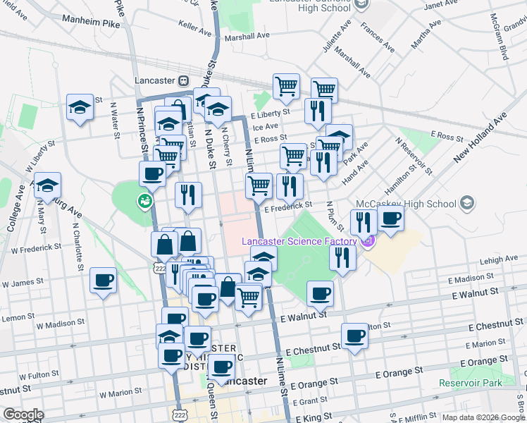 map of restaurants, bars, coffee shops, grocery stores, and more near 610 North Lime Street in Lancaster