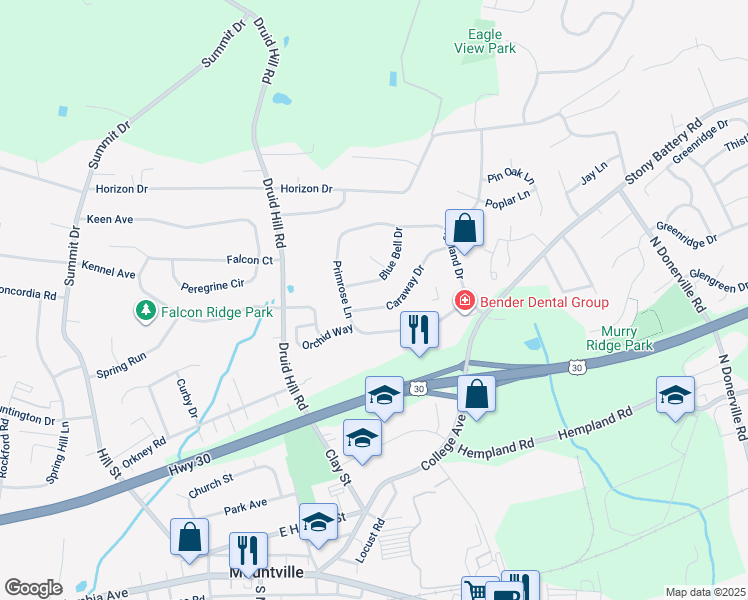 map of restaurants, bars, coffee shops, grocery stores, and more near 347 Caraway Drive in Mountville