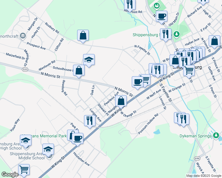 map of restaurants, bars, coffee shops, grocery stores, and more near 110 North Morris Street in Shippensburg