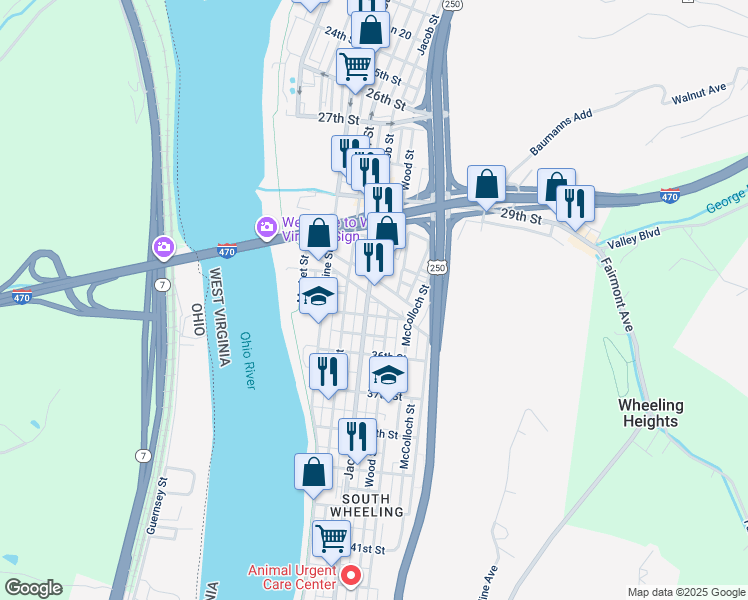 map of restaurants, bars, coffee shops, grocery stores, and more near 87 33rd St in Wheeling