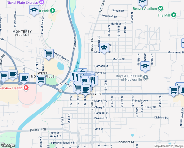 map of restaurants, bars, coffee shops, grocery stores, and more near 306 North 11th Street in Noblesville