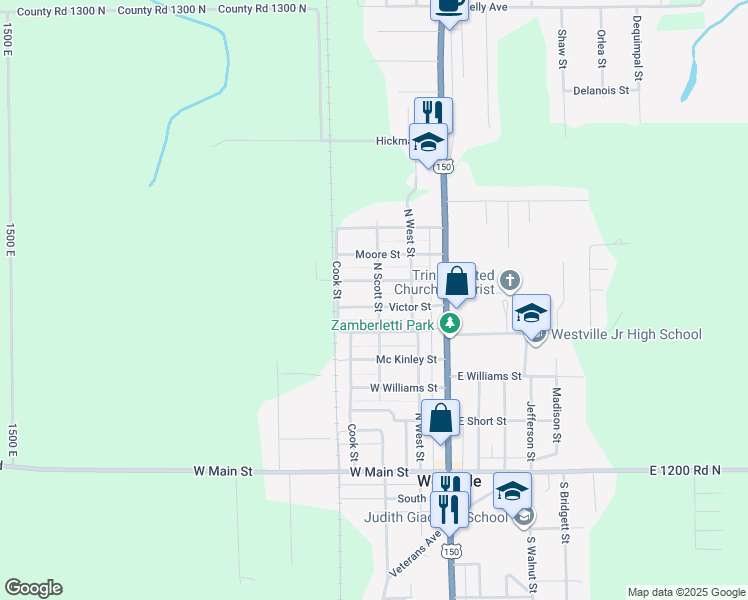 map of restaurants, bars, coffee shops, grocery stores, and more near 600 North Scott Street in Westville
