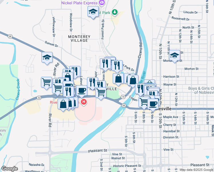 map of restaurants, bars, coffee shops, grocery stores, and more near 222 Logan Street in Noblesville