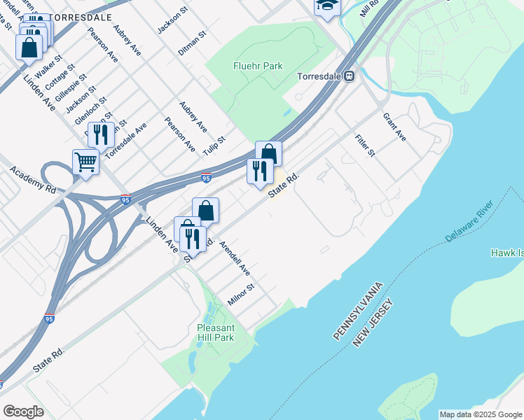 map of restaurants, bars, coffee shops, grocery stores, and more near 71204 Delaire Landing Road in Philadelphia
