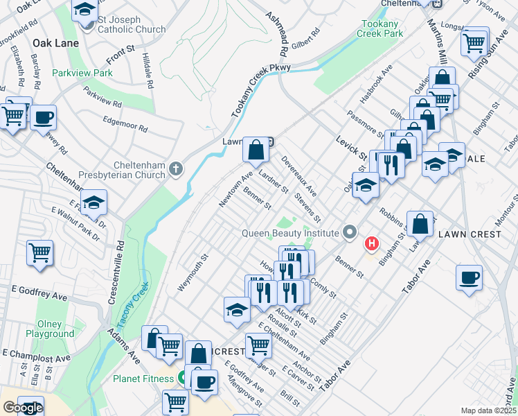map of restaurants, bars, coffee shops, grocery stores, and more near 6100 Reach Street in Philadelphia