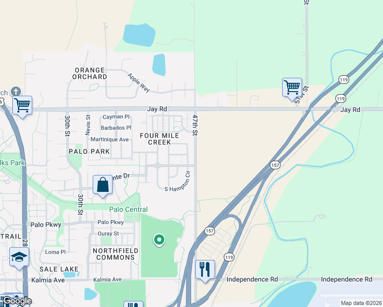 map of restaurants, bars, coffee shops, grocery stores, and more near 4058 Old Westbury Court in Boulder