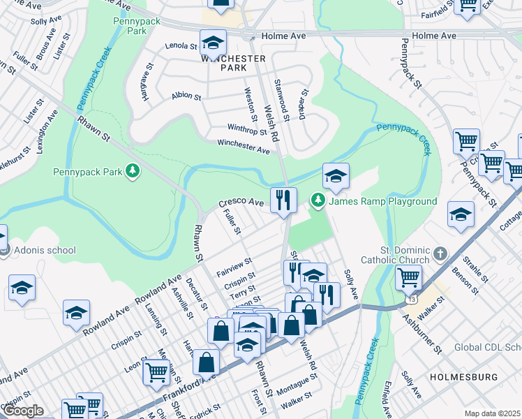 map of restaurants, bars, coffee shops, grocery stores, and more near 8117 Cresco Avenue in Philadelphia