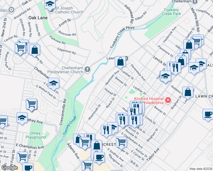 map of restaurants, bars, coffee shops, grocery stores, and more near 5978 Newtown Avenue in Philadelphia