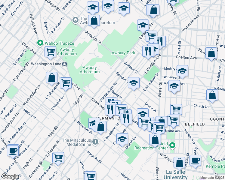 map of restaurants, bars, coffee shops, grocery stores, and more near 900 East Rittenhouse Street in Philadelphia
