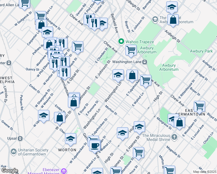 map of restaurants, bars, coffee shops, grocery stores, and more near 6322 Homer Street in Philadelphia