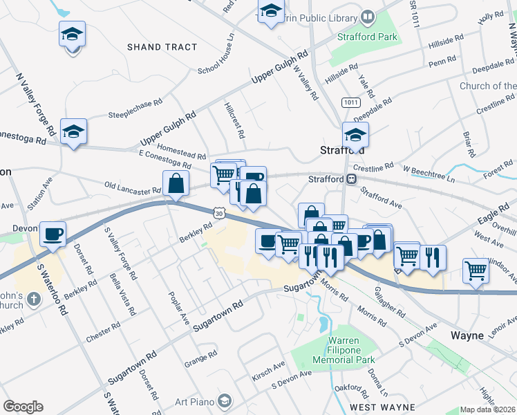 map of restaurants, bars, coffee shops, grocery stores, and more near 292 East Conestoga Road in Wayne