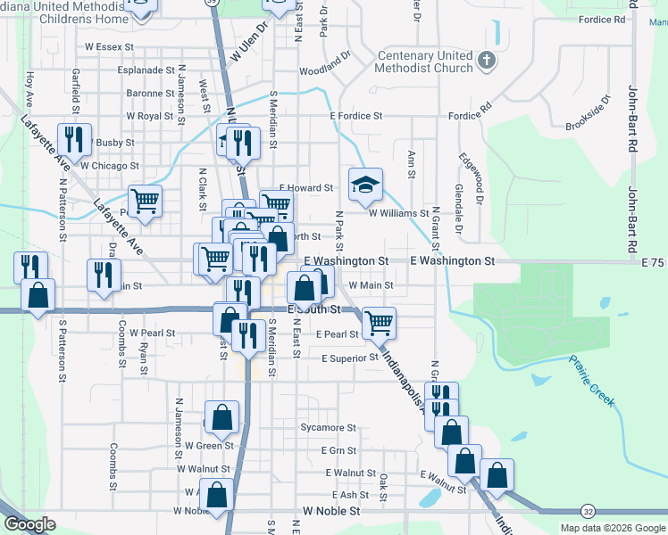 map of restaurants, bars, coffee shops, grocery stores, and more near 408 East Washington Street in Lebanon