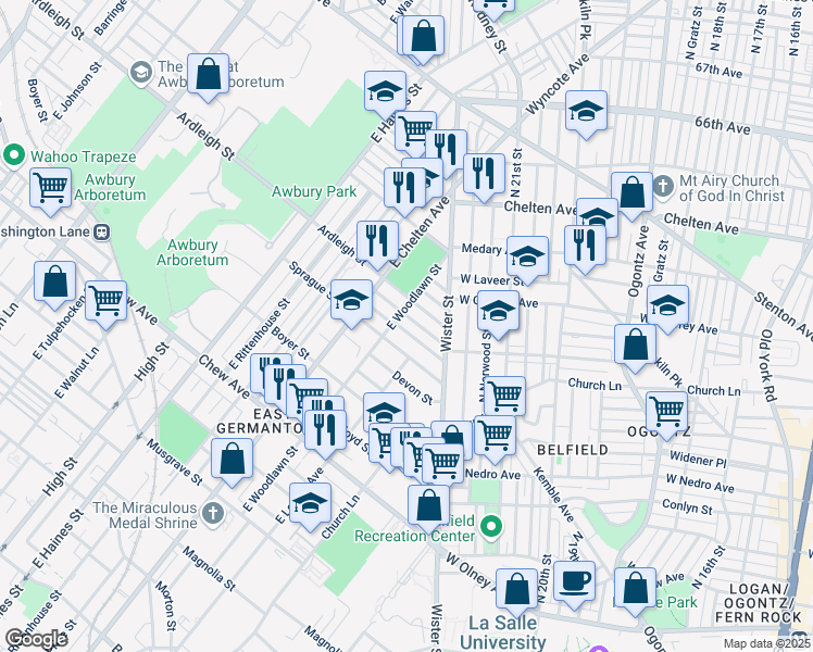 map of restaurants, bars, coffee shops, grocery stores, and more near 5571 Blakemore Street in Philadelphia