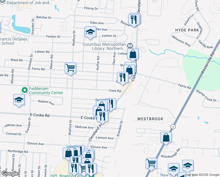 map of restaurants, bars, coffee shops, grocery stores, and more near 2194 Case Road in Columbus