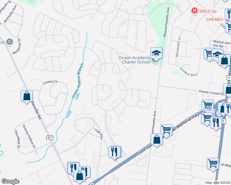 map of restaurants, bars, coffee shops, grocery stores, and more near 2547 Brenton Lane in Toms River