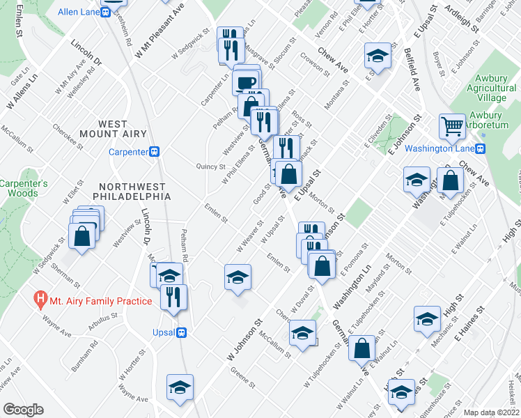 map of restaurants, bars, coffee shops, grocery stores, and more near 47 West Sharpnack Street in Philadelphia