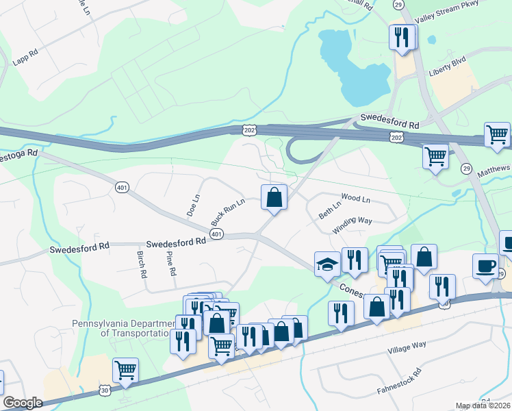 map of restaurants, bars, coffee shops, grocery stores, and more near 8 Buck Run Lane in Malvern