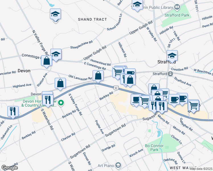 map of restaurants, bars, coffee shops, grocery stores, and more near 851 West Lancaster Avenue in Devon