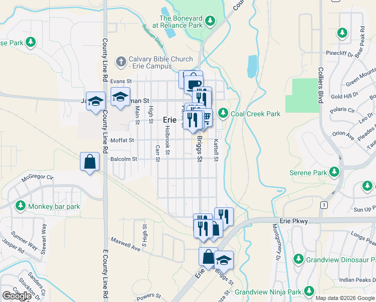 map of restaurants, bars, coffee shops, grocery stores, and more near 450 Briggs Street in Erie