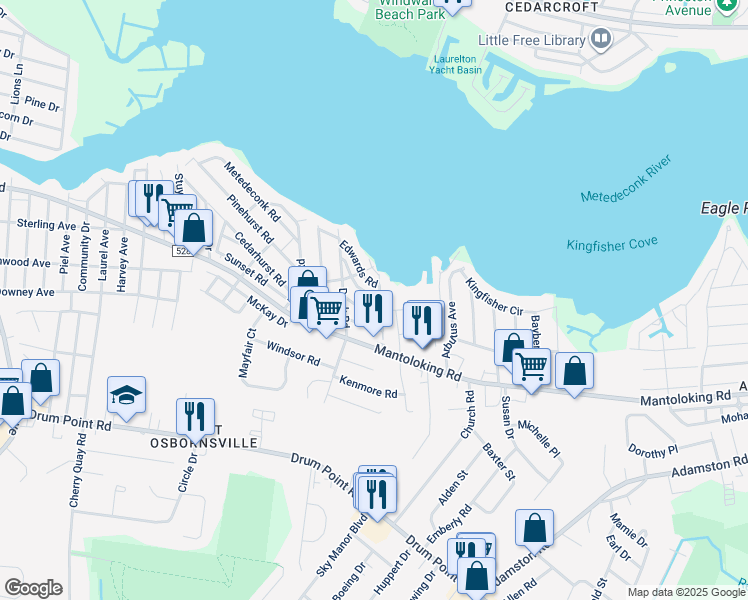 map of restaurants, bars, coffee shops, grocery stores, and more near 62 Buckingham Road in Brick