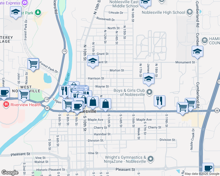 map of restaurants, bars, coffee shops, grocery stores, and more near 1298 Wayne Street in Noblesville