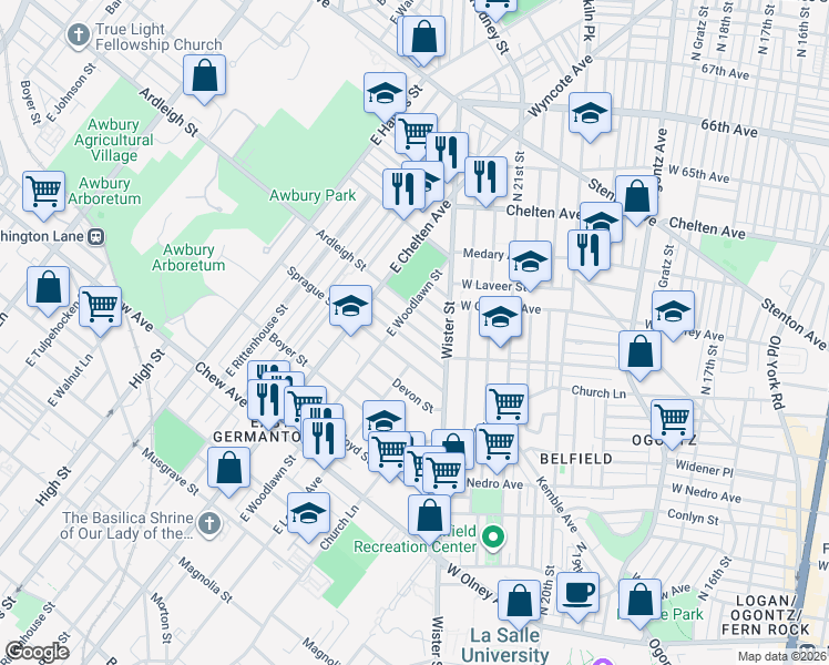 map of restaurants, bars, coffee shops, grocery stores, and more near 5530 Ardleigh Street in Philadelphia