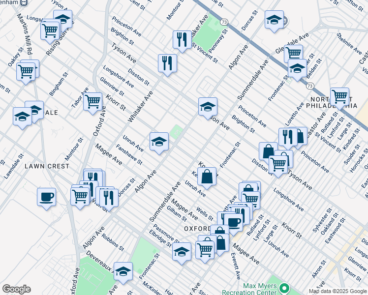 map of restaurants, bars, coffee shops, grocery stores, and more near 1115 Knorr Street in Philadelphia