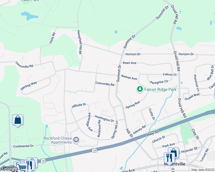 map of restaurants, bars, coffee shops, grocery stores, and more near 390 Spring Hill Lane in Columbia