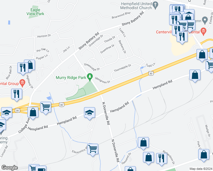 map of restaurants, bars, coffee shops, grocery stores, and more near 3218 Glengreen Drive in Lancaster