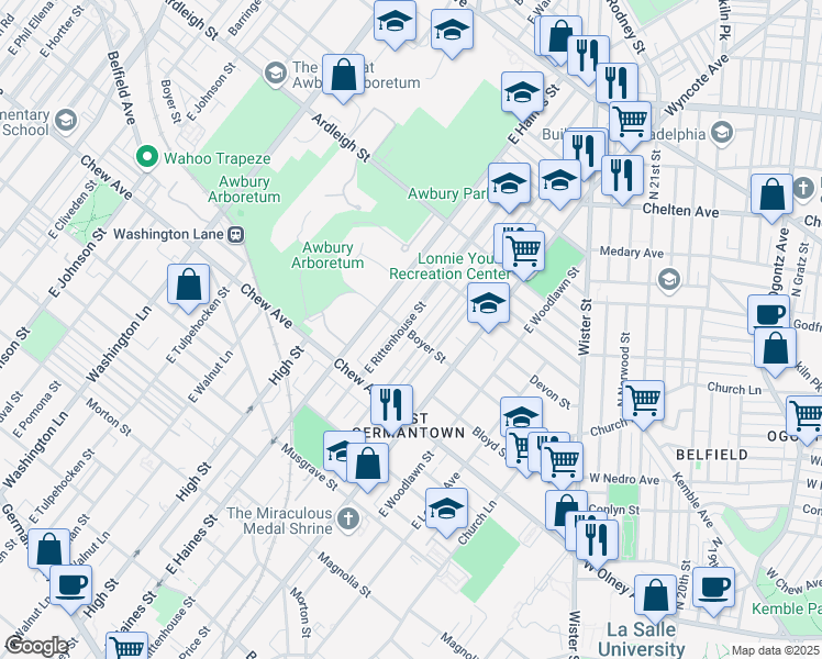 map of restaurants, bars, coffee shops, grocery stores, and more near 900 East Rittenhouse Street in Philadelphia