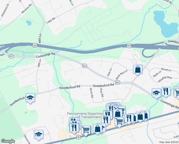 map of restaurants, bars, coffee shops, grocery stores, and more near 151 Conestoga Road in Malvern