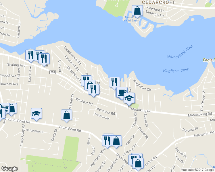 map of restaurants, bars, coffee shops, grocery stores, and more near 62 Buckingham Road in Brick