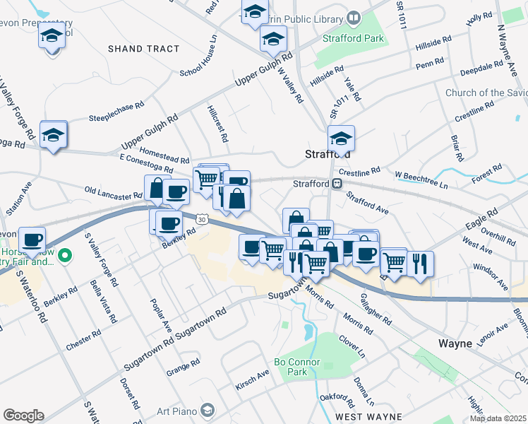 map of restaurants, bars, coffee shops, grocery stores, and more near 329 East Conestoga Road in Wayne