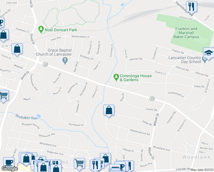 map of restaurants, bars, coffee shops, grocery stores, and more near 1677 Marietta Avenue in Lancaster