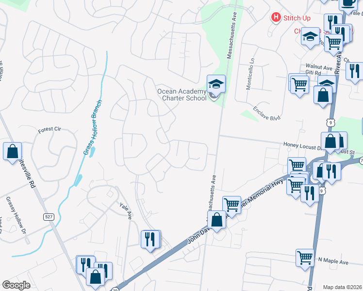 map of restaurants, bars, coffee shops, grocery stores, and more near 2558 Ridgemont Court in Toms River