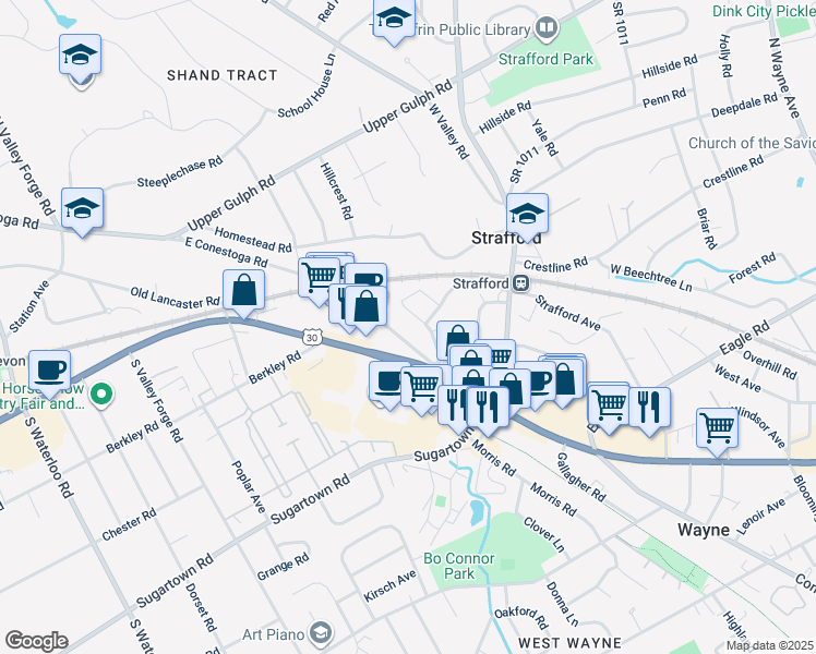 map of restaurants, bars, coffee shops, grocery stores, and more near 335 East Conestoga Road in Wayne