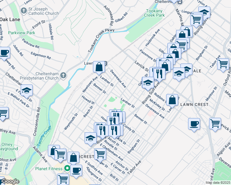 map of restaurants, bars, coffee shops, grocery stores, and more near 313 Lardner Street in Philadelphia